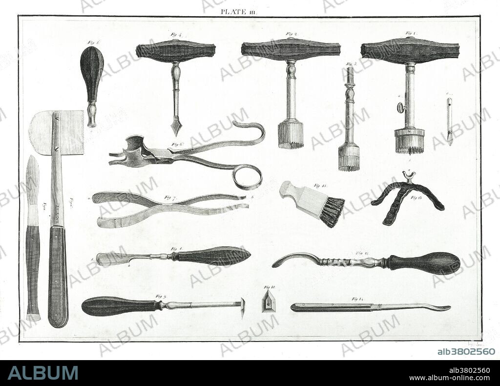 Various types of trephines, spring forceps, a lenticular, a raspatory, and a scalpel, used for trepanning. Trepanning is a surgical intervention in which a hole is drilled or scraped into the human skull, exposing the dura mater to treat health problems related to intracranial diseases. Cave paintings indicate that people believed the practice would cure epileptic seizures, migraines, mental disorders and the bone that was trepanned was kept as a charm to keep evil spirits away. Trepanation was also practiced in the classical and Renaissance periods. Hippocrates gave specific directions on the procedure from its evolution through the Greek age, and Galen also elaborates on the procedure. During the Middle Ages and the Renaissance, trepanation was practiced as a cure for various ailments, including seizures and skull fractures. Engraving from "A Collection of engravings, representing the most modern and approved instruments used in the practice of surgery. With appropriate explanations," published by J. H. Savigny, 1798.