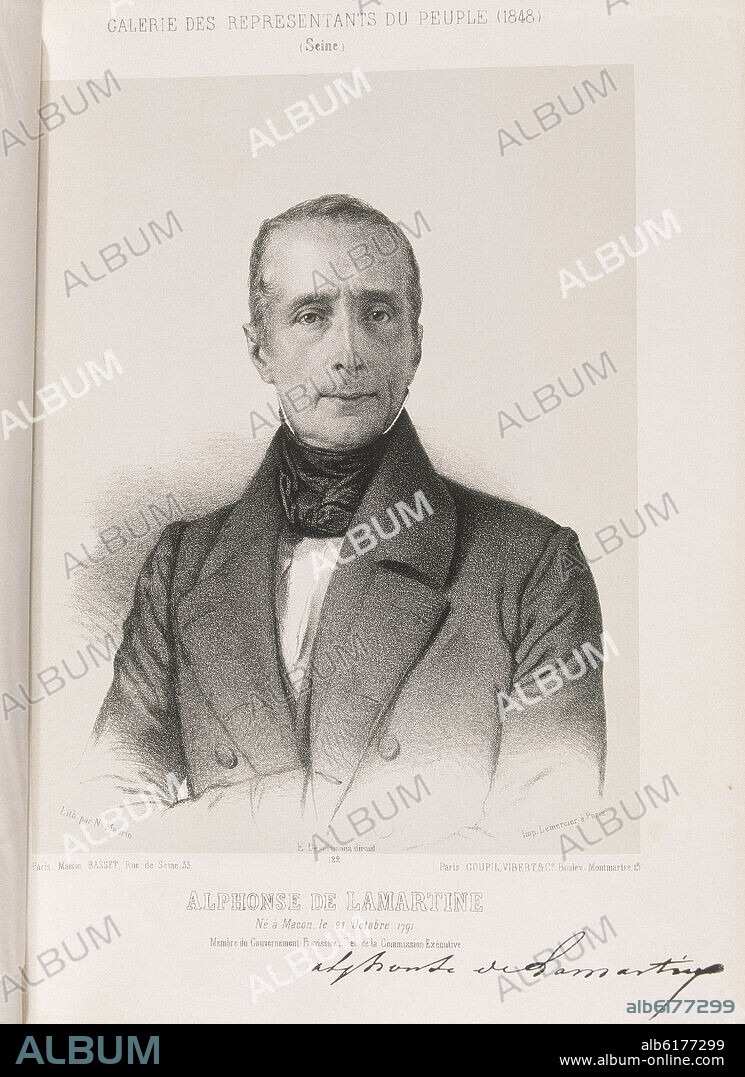 NICOLAS EUSTACHE MAURIN (1799–1850). ALPHONSE DE LAMARTINE - POETA ROMANTICO Y POLITICO - LITOGRAFIA S XIX.