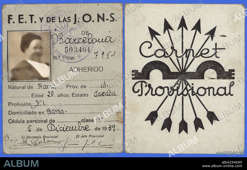 Carnet de afiliación a Falange Española Tradicionalista y de las Juntas Obreras Nacional Sindicalistas. Diciembre de 1939.