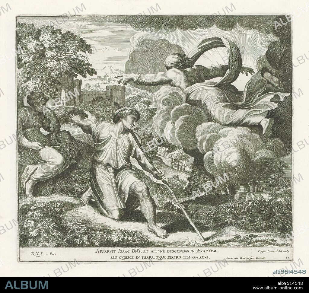 God warns Isaac not to go to Egypt, Raphael Bible (series title), Paintings in Raphael's Loggia (series title), Imagines Veteris ac Novi Testamenti (series title), Isaac is on one knee in a landscape. Before him appears God warning him not to go to Egypt. On the left, a woman under a tree. Bible verse below the image. Print is part of an album., print maker: Cesare Fantetti, (mentioned on object), after drawing by: Cesare Fantetti, (mentioned on object), after painting by: Rafaël, (mentioned on object), print maker: Italy, after drawing by: Italy, after painting by: Vaticaanstad, publisher: Rome, Vaticaanstad, 1675, paper, etching, height 240 mm × width 268 mm.