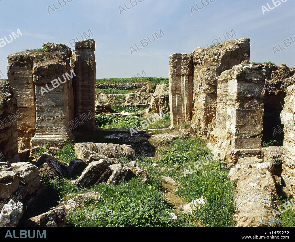 ARTE ROMANO. SIRIA. DURA EUROPOS (TELL SALHIVE). Ciudad que nació hacia el año 290 a. C. para defender la ruta entre Apamea y Seleucia, plazas fuertes del reino seléucida. En el 164 d. C. fue conquistada por los romanos. Vista del TEMPLO DE ARTEMISA. Sus orígenes se remonta al período seléucida y pardo.