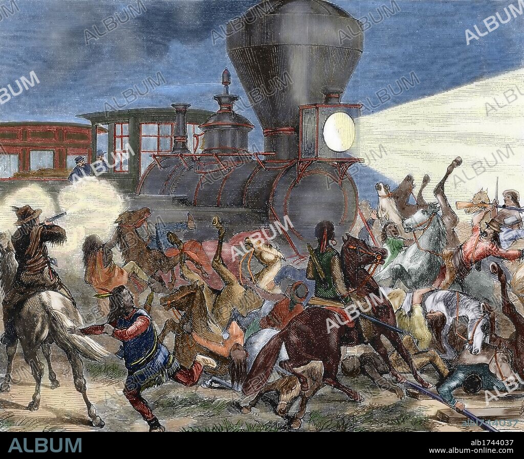 HISTORIA DEL OESTE AMERICANO. Siglo XIX. Tren de la UNION PACIFIC atacado por los indios el 14 de junio de 1870, un año después que la linea transcontinental fuera finalizada. Grabado coloreado del diario ilustrado de FRANK LESLIE del 9 de julio de 1870.