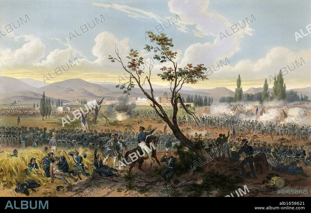 Battle of Churubusco 20 August 1847, Mexican-American War 1846-1848. American under command of General Winfield Scott defeated Mexicans commanded by generals Manuel Rincon and Pedro Anaya. Hand-coloured lithograph, 1851.