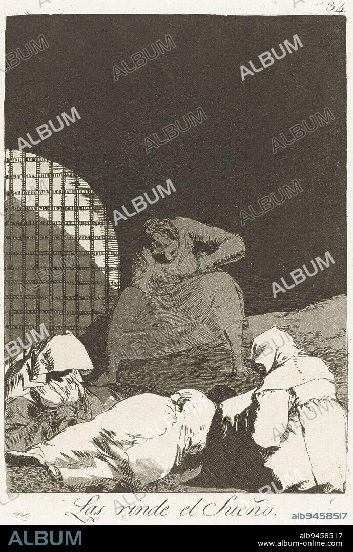 Beset by sleep, Francisco de Goya, 1797 - 1799, A woman and three figures dressed in a monk's habit, sleeping in a cell. Thirty-fourth print in the Los Caprichos series., print maker: Francisco de Goya, Francisco de Goya, Spain, 1797 - 1799, paper, etching, h 215 mm × w 152 mm.