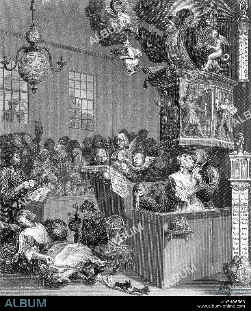 Credulity, Superstition and Fanaticism is a satirical print by the English artist William Hogarth. It ridicules secular and religious credulity, and lampoons the exaggerated religious enthusiasm of the Methodist movement. The print was originally engraved in 1761, with the title Enthusiasm Delineated, but never published. Hogarth reworked the engraving before publishing it on March 15, 1762 as Credulity, Superstition and Fanaticism: A Medley. The print includes visual references to more than a dozen reputed instances of witchcraft or possession in England.
