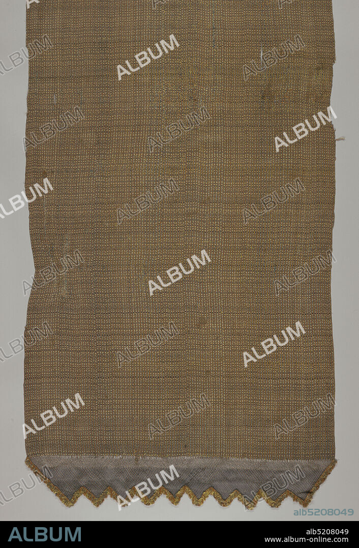 Rebozo, Medium: cotton, silk, metal-wrapped silk core threads Warps: cotton, foil-wrapped silk, Weft: cotton Technique: warp resist dyed before weaving (jaspe), Japse rebozo in shades of tan and navy blue. Braided ends have warp fringe., Mexico, late 18thearly 19th century, printed, dyed & painted textiles, Rebozo.