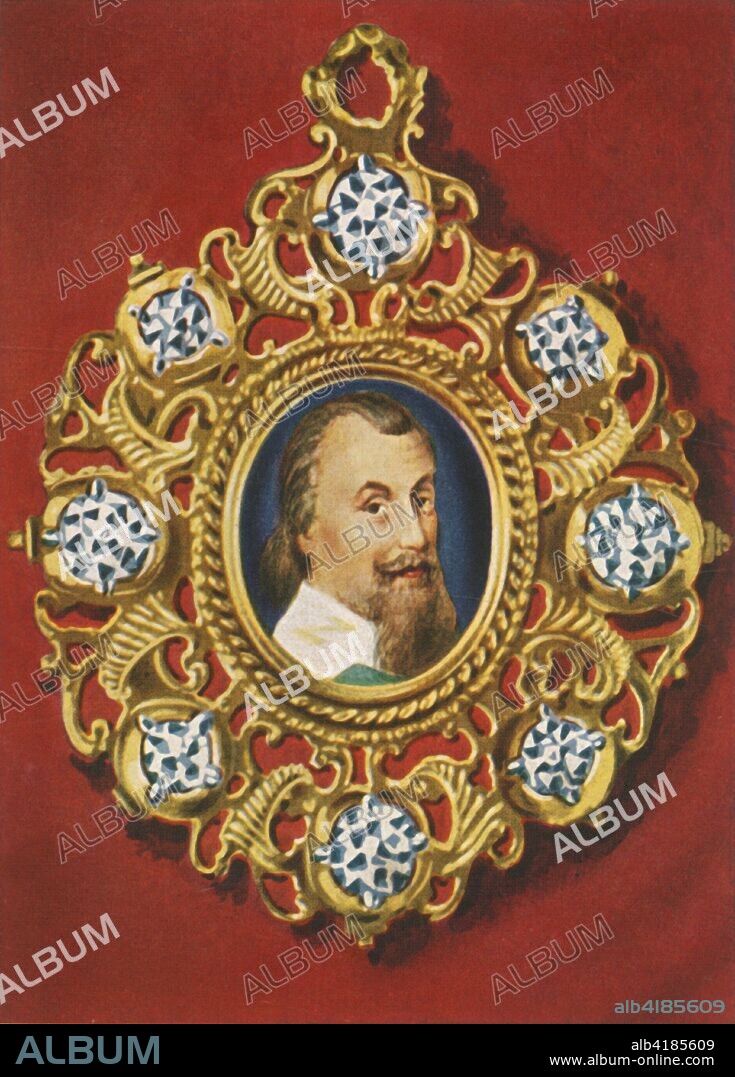 'Axel Graf Von Oxenstierna, (1933). Portrait of Swedish statesman Axel Oxenstierna, Count of Sodermore (1583-1654). After a miniature by Pierre Signac. From "Gestalten Der Weltgeschichte", a book of cigarette-card portrait miniatures of figures in world history from the last four hundred years. [Germany, 1933].