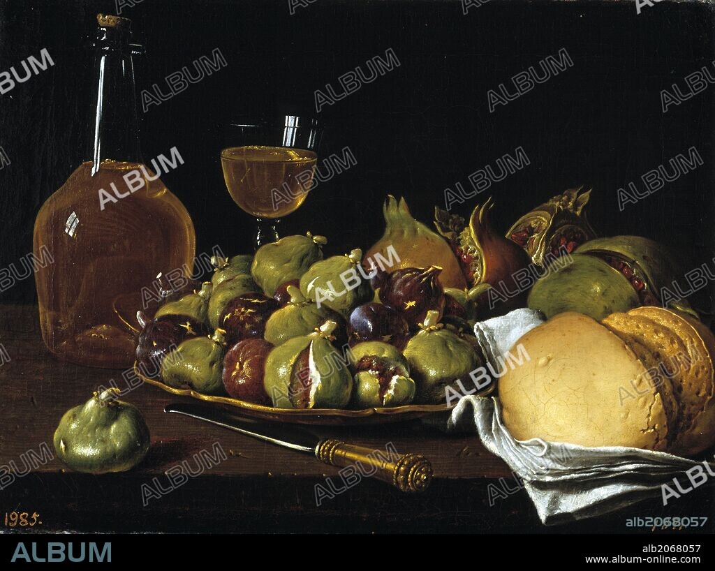 LUIS MELÉNDEZ. Luis Egidio Meléndez / 'Bodegón: pan, granadas, higos y objetos', 1770, Escuela Española, Óleo sobre Lienzo, 36 cm x 49 cm, P00937.