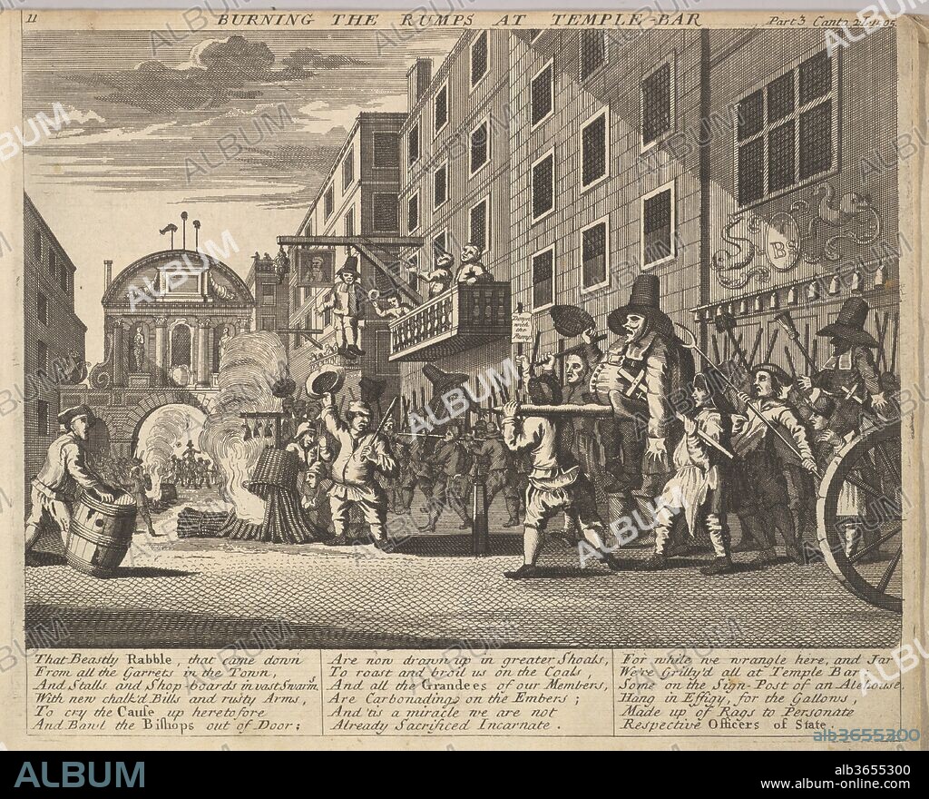 Burning the Rumps at Temple Bar (Plate 11: Illustrations to Samuel Butler's Hudibras). Artist: After William Hogarth (British, London 1697-1764 London). Author: Illustrates Samuel Butler (British, baptized Strensham, Worcestershire 1613-1680 Covent Garden). Dimensions: Plate: 7 5/8 x 9 7/16 in. (19.3 x 24 cm)
Sheet: 8 1/8 x 10 15/16 in. (20.7 x 27.8 cm). Publisher: Henry Overton and J. Hoole (London). Date: 1725-30 (?).