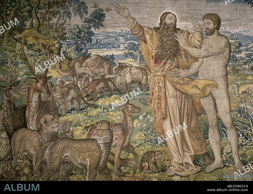 Dios mostrando a Adán el Paraíso. Detalle de un tapiz de la serie "La Creación del Hombre". Fabricado en Bruselas en el siglo XVII. Sala 5. Museo de los Tapices. Palacio Real de La Granja de San Ildefonso. Provincia de Segovia. Castilla-León. España. Patrimonio Nacional.