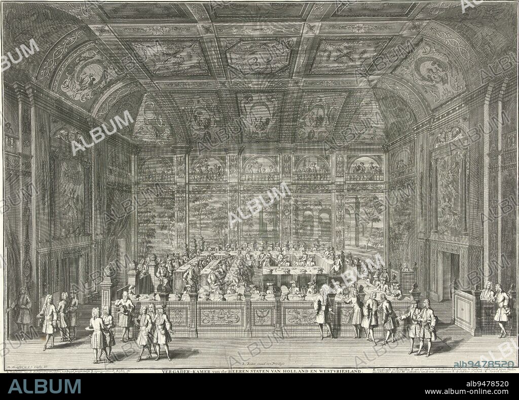 Meeting room of the States of Holland and West Friesland, ca. 1730, Jan Caspar Philips, after Mattheus Terwesten, after Gerrit van Giessen, 1730 - 1736, The meeting room of the States of Holland and West Friesland (now the Senate), ca. 1730. View of the room during a meeting of the States. In the caption the legend A-K., print maker: Jan Caspar Philips, (mentioned on object), Jan Caspar Philips, (mentioned on object), intermediary draughtsman: Mattheus Terwesten, (mentioned on object), intermediary draughtsman: The Hague, intermediary draughtsman: The Hague, publisher: Delft, publisher: Amsterdam, 1730 - 1736, paper, etching, engraving, h 698 mm × w 507 mm.