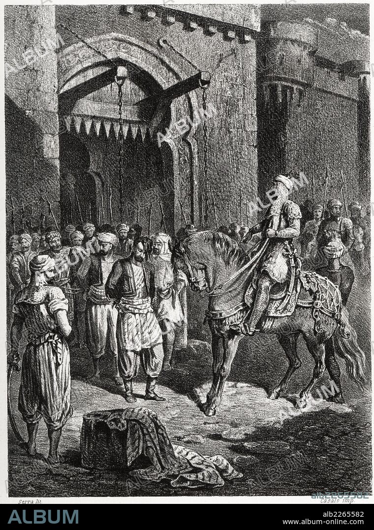 Historia de España. Prisión de los caudillos árabes Abdallah, Ahmed y Sahed al Ward en el año 950. Grabado de 1872.
