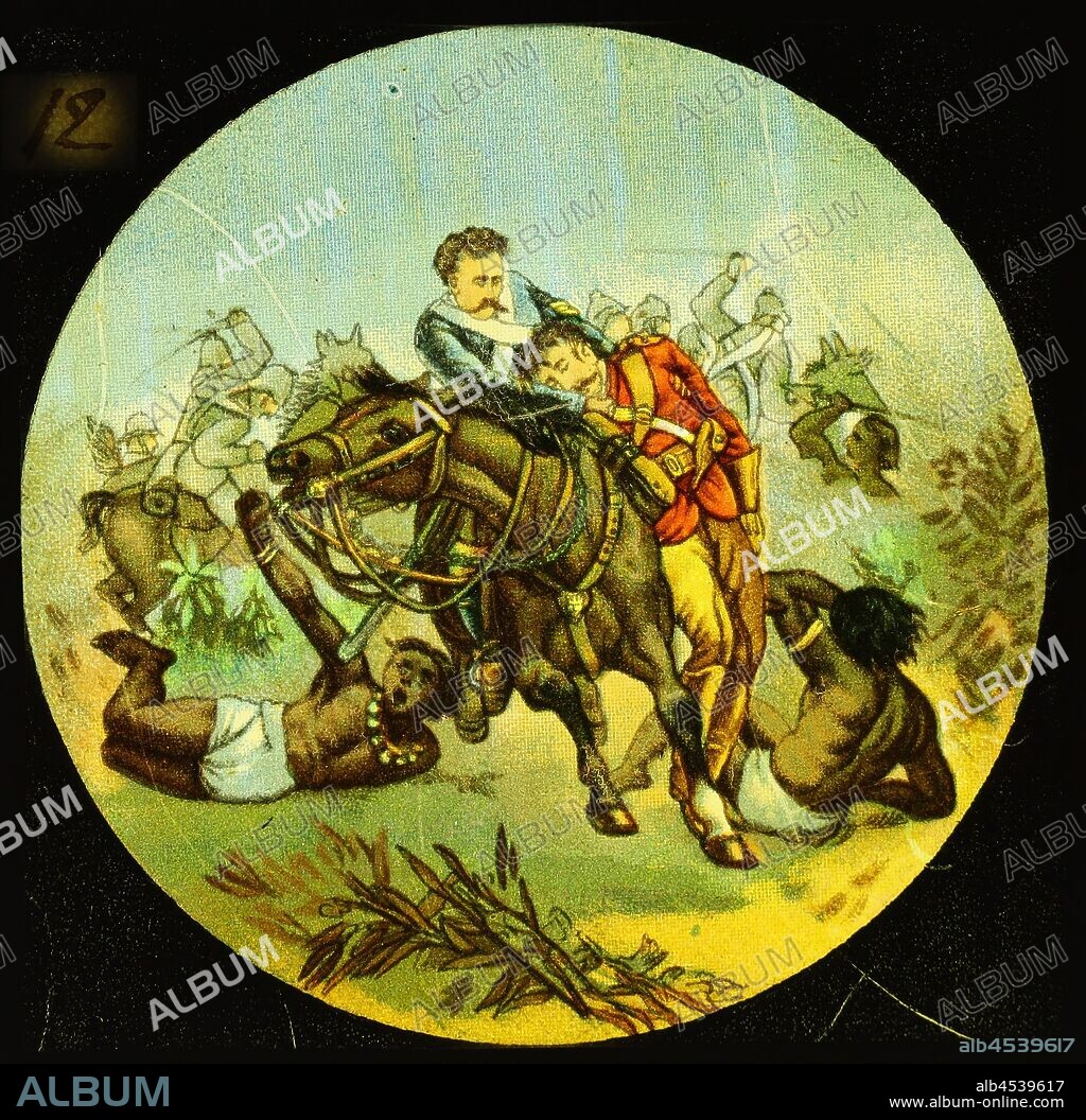 Lantern Slide - 'Heroes and Fanatics in the Soudan', No. 12, 1900-1920, Lantern slide depicting two British soldiers on horseback in the foreground of image. Two Egyptian soldiers are pictured on the ground. Slide 12 from a set of 12 lantern slides depicting the story titled 'Heroes and fanatics in the Soudan: the story of the British occupation in Egypt 1882-1898'. pre-cinematic apparatus and ephemera, acquired.