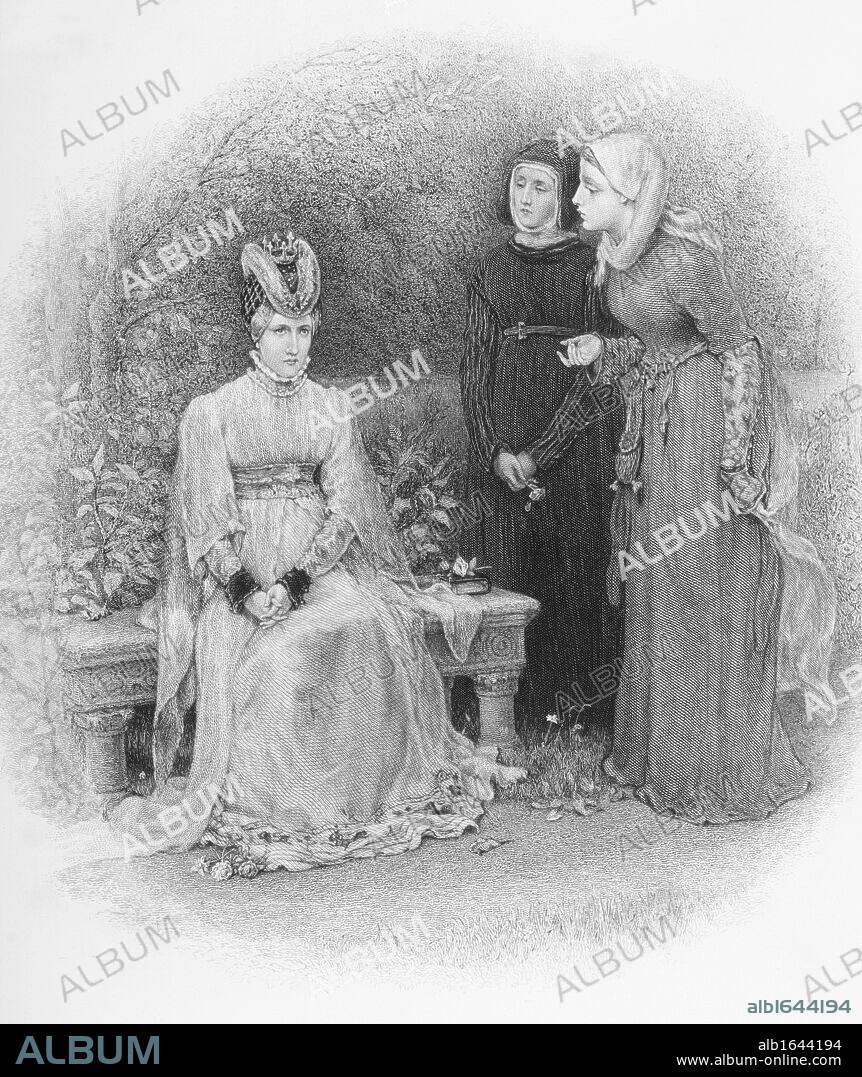 Queen Isabella and her ladies.Isabella of Valois, 1389-1409. Second wife of King Richard II of England.From the book "The Queens of England, Volume II" by Sydney Wilmot. Published London circa. 1890.