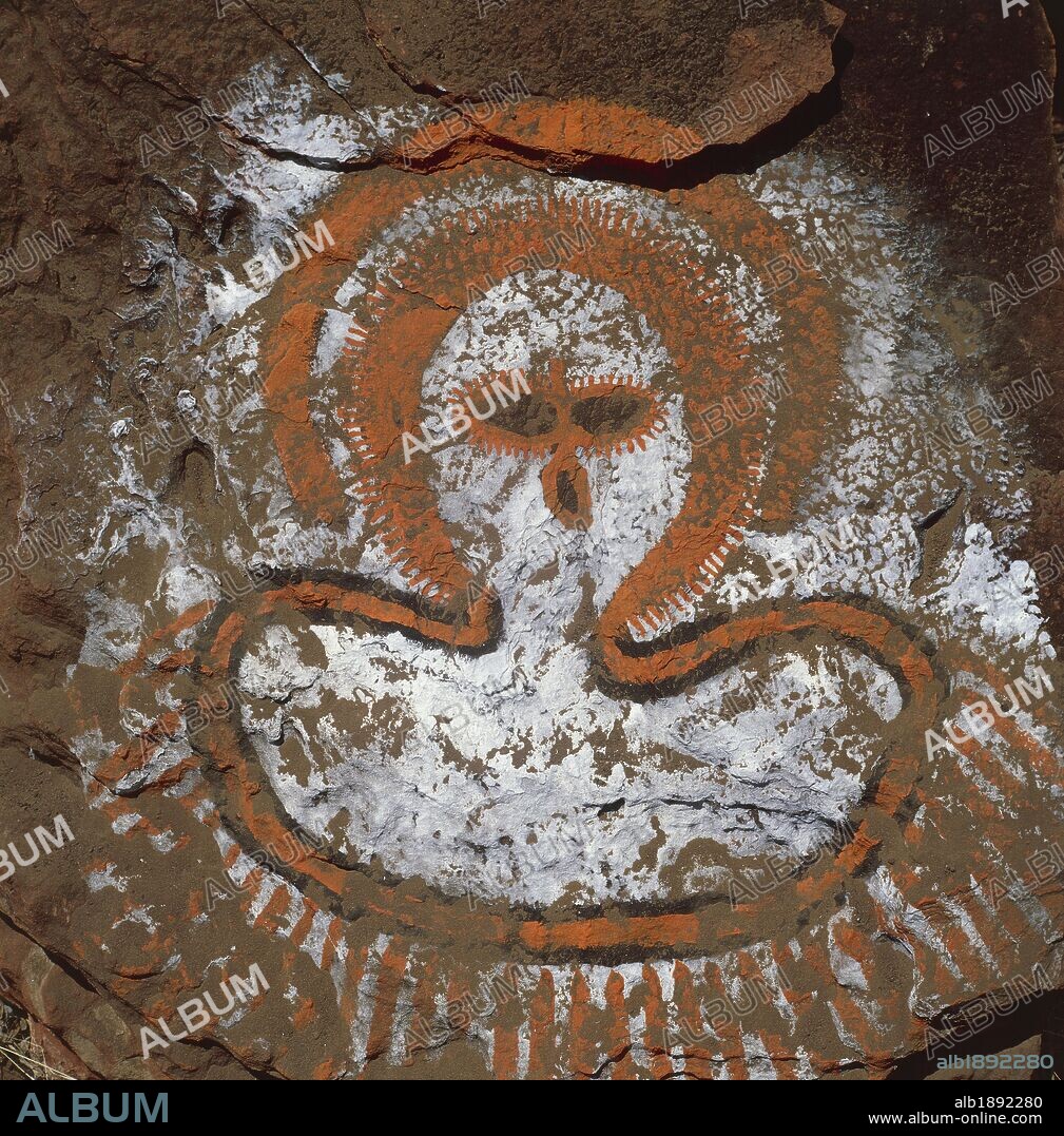 Australia - The Kimberley - Isdell Gorge. Aboriginal rock paintings: Wandjina (cloud and rain spirit).