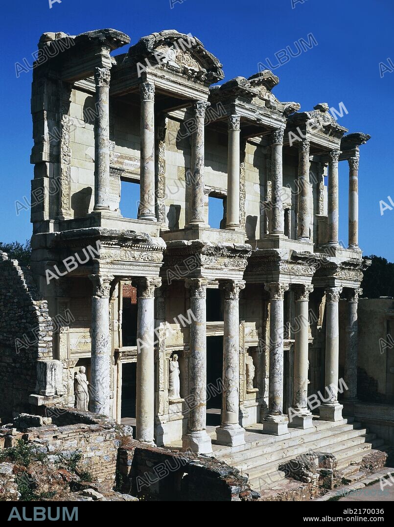 The Library of Celsus, built between 110 AD and 135 AD by the Consul Julius Aquila in commemoration of his father, Polemeno Julius Celsus, Ephesus, Turkey. Roman Civilisation, 2nd century.