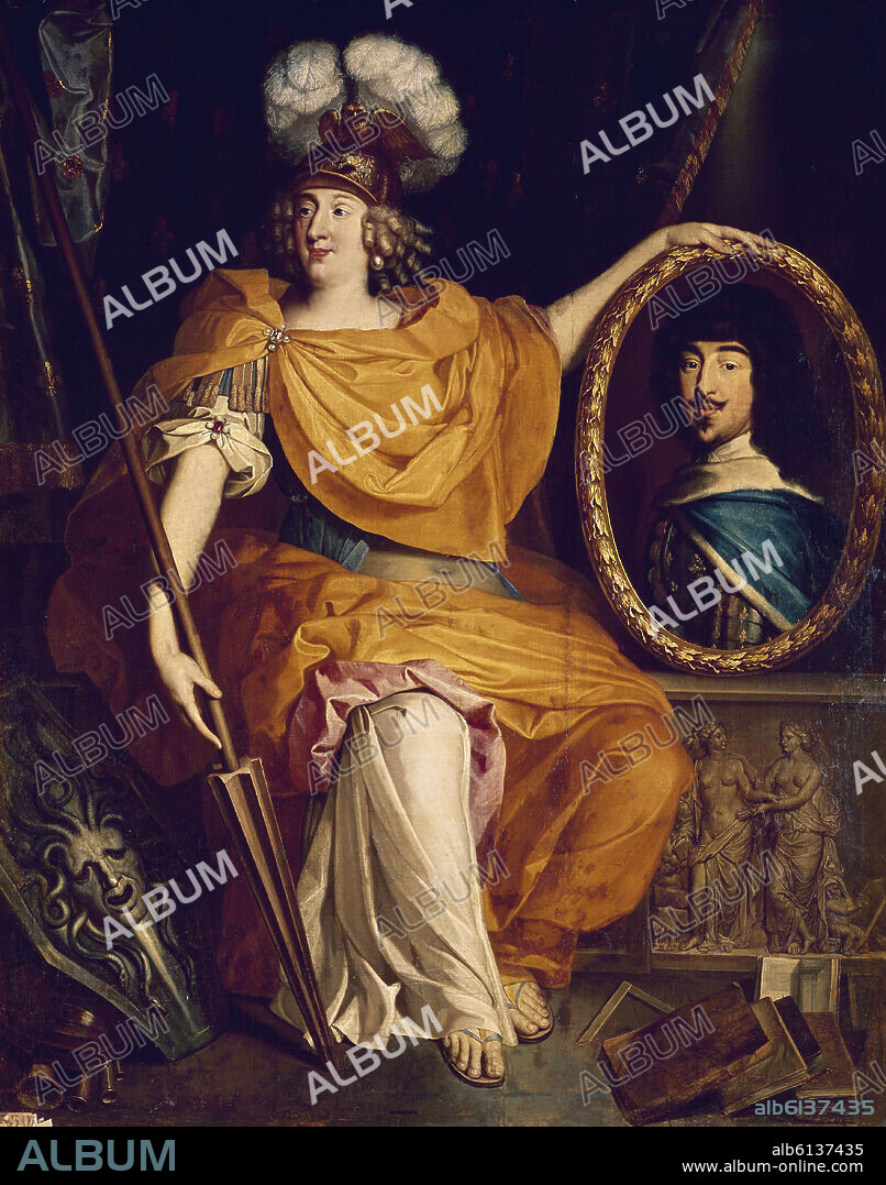PIERRE BOURGUIGNON. ANA MARIA LUISA DE ORLEANS DUQUESA DE MONTPENSIER COMO MINERVA CON EL RETRATO DE SU PADRE EL DUQUE ORLEANS - 1672 - O/L - 175x148 cm.