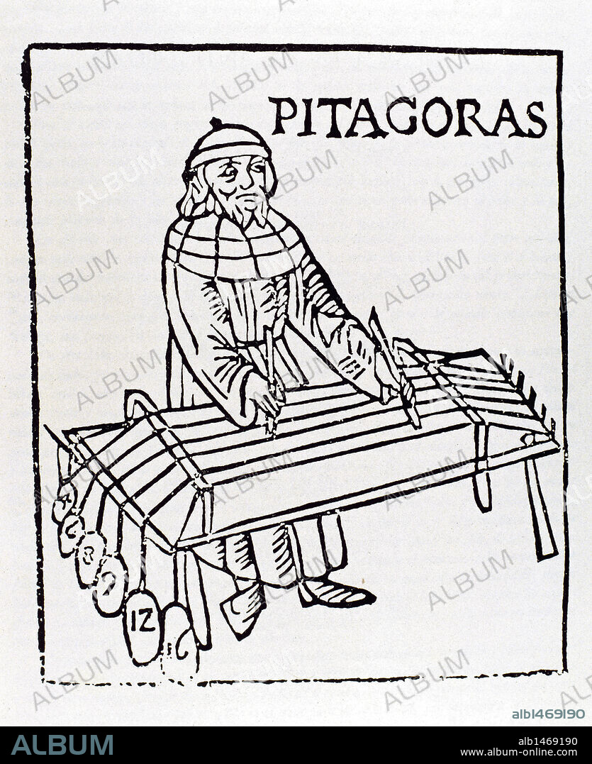 PITAGORAS (s. IV a. C.). Filósofo y matemático griego nacido en Samos. Creador de las ciencias matemáticas. Se le atribuye el teorema que lleva su nombre. Percibió el movimiento de la Tierra sobre sí misma, y enseñó que ésta era esférica. Grabado de Theo Gafurius, año 1492 (Milán) .