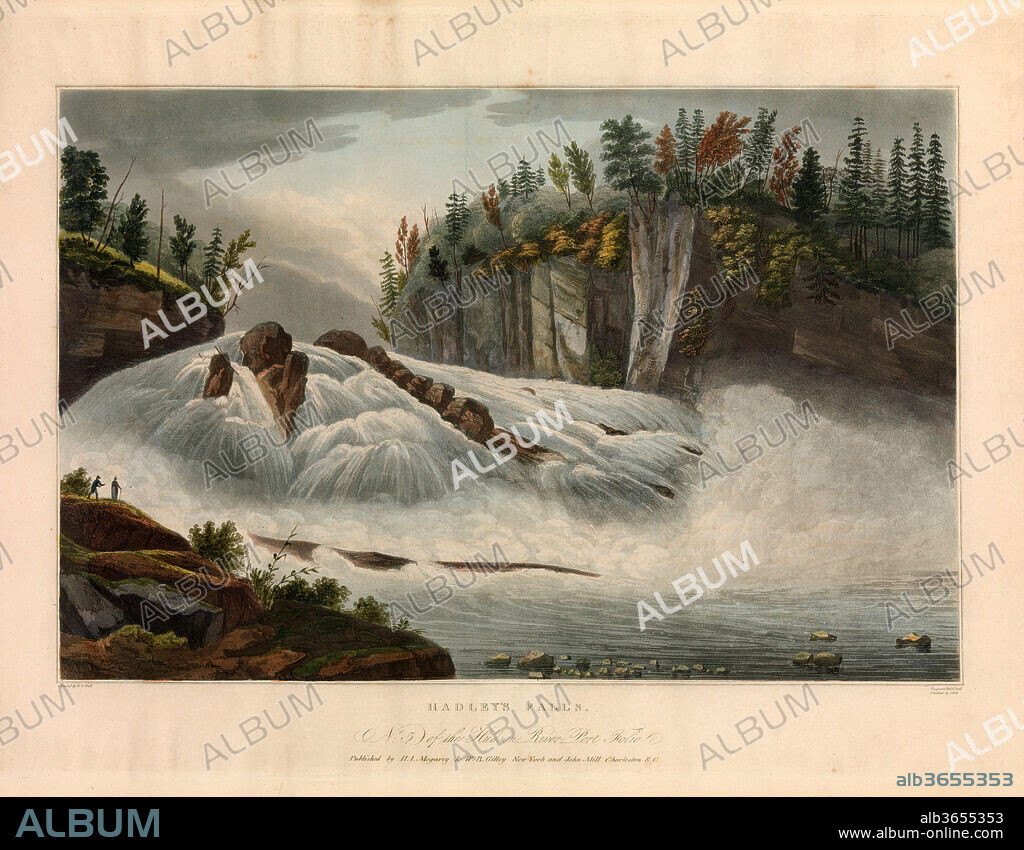 Hadley's Falls (No. 5 of The Hudson River Portfolio). Artist: after William Guy Wall (Irish, Dublin 1792-after 1864 Ireland (active America)). Dimensions: Image: 14 1/16 x 20 3/16 in. (35.7 x 51.3 cm)
Sheet: 19 x 24 1/2 in. (48.3 x 62.2 cm). Etcher: Begun by John Rubens Smith (American, London 1775-1849 New York); Finished by John Hill (American (born England), London 1770-1850 Clarksville, New York). Printer: William and Charles Rollinson (American, active ca. 1808-33). Publisher: Henry J. Megarey (American, 1818-1845 New York); W. B. Gilley (New York, NY); John Mill (Charleston, South Carolina). Series/Portfolio: The Hudson River Portfolio. Date: 1821-22.
When the artist William Guy Wall and writer John Agg visited this site, north of Glens Falls on the Hudson, it not easy to access. The text accompanying the image tells us that, "a moment's view of these Falls...as they suddenly burst upon the sight of the traveller...is sufficient compensation for all the difficulties he may have encountered. Instead of one unbroken sheet of water, falling perpendicularly...the whole body of the river seems to have forced a passage through the intercepting barrier of cliffs which obstructed its course; with ungovernable fury and deafening clamour, over a gradual but rugged declivity, composed of the massive and tenacious fragments which its impetuosity has thrown down." The image comes from the Hudson River Portfolio, a monument of American printmaking produced through the collaboration of artists, a writer, and publishers. In the summer of 1820, the Irish-born Wall toured and sketched along the Hudson, then painted a series of large watercolors. Prints of equal scale were proposed--to be issued to subscribers in sets of four--and John Rubens Smith hired to work the plates. Almost immediately, Smith was replaced by the skilled London-trained aquatint engraver John Hill, who finished the first four plates, and produced sixteen more by 1825. Over the next decade, the popularity of the Portfolio stimulated new appreciation for American landscape, and prepared the way for the Hudson River School.