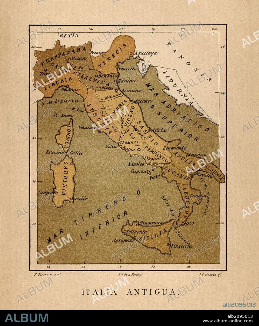 Mapa de Italia Antigua publicado en el libro Historia Universal, de Felipe Picatoste. Madrid, 1890.
