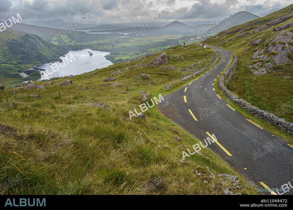 Healy Pass and Glanmore lake (R574) on the Beara peninsula, Ireland, United Kingdom.