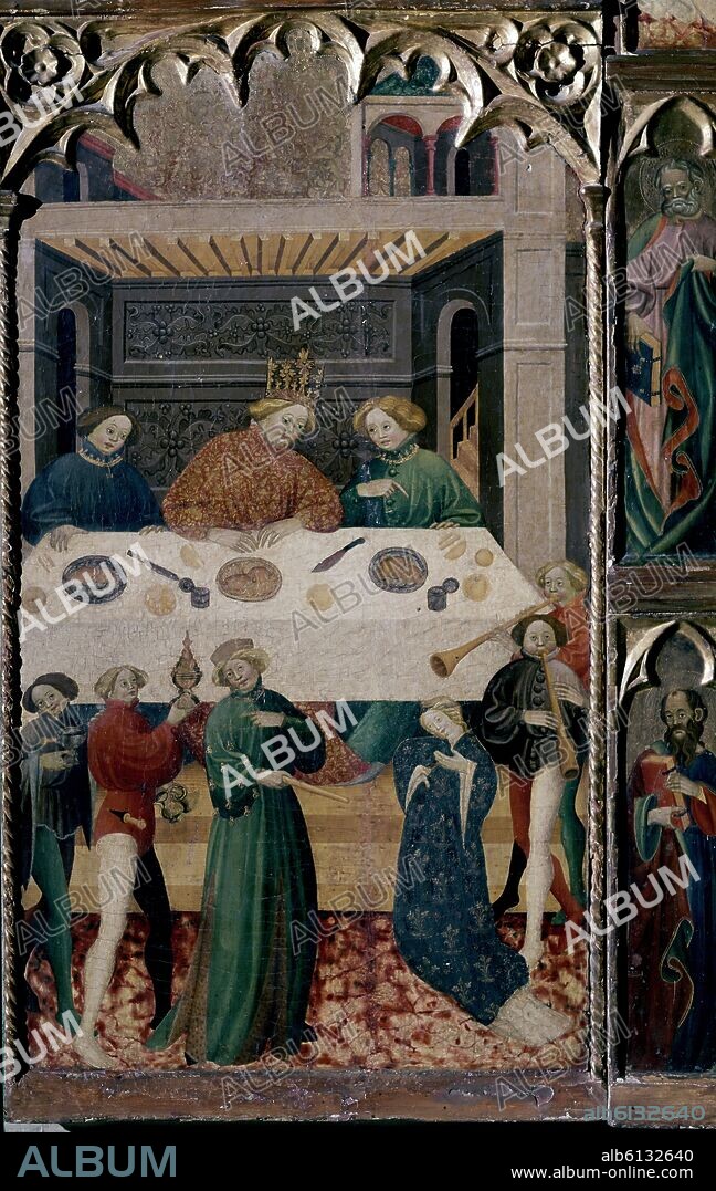 JUAN DE SEVILLA (1425-50) MAESTRO DE SIGÜENZA. RETABLO DE SAN JUAN BAUTISTA Y SANTA CATALINA - SALOME ANTE HERODES - 1425-1450 - TEMPLE/TABLA - GOTICO INTERNACIONAL - NP 1336.