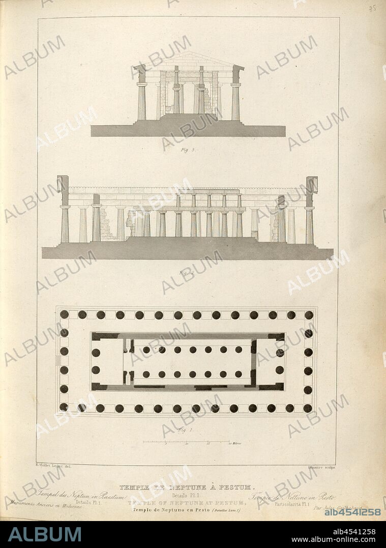 Temple of Neptune in Paestum, Cross section and plan of the Neptune temple in Paestum in Italy, signed: E. Viollet Leduc (del.), Lemaitre (sculp.), Fig. 49, p. 221, Viollet-Le-Duc, Adolphe Etienne, Lemaitre (sculp.), 1853, Jules Gailhabaud: Monuments anciens et modernes. Bd. 1. Paris: Librairie de Firmin Didot frères, 1853.