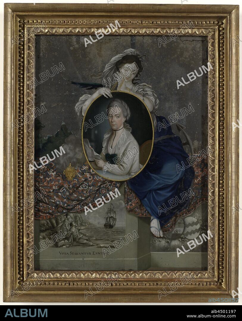 Portrait of Catharina van Braam Houckgeest Portrait of Catharina van Braam Houckgeest, Back glass painting with portrait of Mrs. Catharina Cornelia Geertruida van Braam Houckgeest, born Van Reede van Oudtshoorn. The portrait has the shape of a painted medallion that is held up by an allegorical female figure (de Hoop). De Hoop sits on a balustrade that is partially hidden behind a (probably) Persian carpet. A farewell scene has been sculpted in relief in the balustrade: two women wave goodbye to a ship, including the text 'Vota sequuntur euntem', our good wishes accompany those who leave. On the balustrade on the right you can see the spouses' weapons. An incense burner (Asia) on the carpet. The upper side of the painting is a (now weathered) mirror, historical persons - BB - woman, Hope, 'Spes', 'Speranza divina e certa' (Ripa), one of the Three Theological Virtues, Canton, Andreas Everardus van Braam Houckgeest, Catharina Cornelia Geertruida van Reede van Oudtshoorn, anonymous, Kanton, c. 1790, glass, oil paint (paint), gypsum, painting, h 50.0 cm × w 39.5 cm × d 4.5 cm.