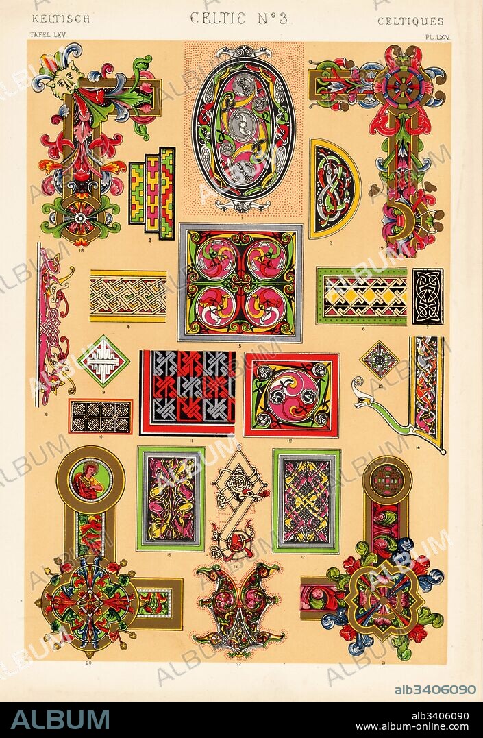 Specimens of the spiral, diagonal and zoomorphic designs in Celtic ornament, and later Anglo-Saxon ornament. Initials, ribbons and animals from illuminated manuscripts, Gospels of Lindisfarne, Book of Kells, Bibles, etc. Chromolithograph by Francis Bedford from Owen Jones' The Grammar of Ornament, Quaritch, London, 1868.