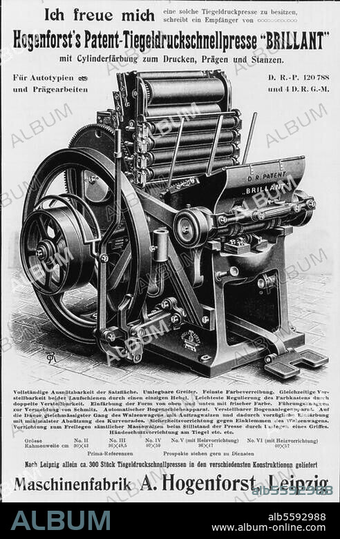 Printing:. "Hogenforst's Tiegeldruckschnellpresse "Brillant" (...) (Hogenforst's jobbing press "Brilliant"). Newspaper arvert of the Maschinenfabrik A.Hogenforst, Leipzig. From: Deutscher Buch- und Steindrucker, Buchgewerbliche Monatsschrift, vol. 9, Berlin, 1902.