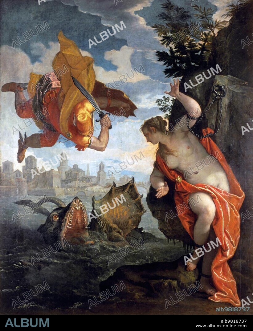 Andromeda, in Greek mythology the wife of Perseus and the daughter of the Ethiopian king Cepheus. To atone for her mother's hubris, Andromeda is to be offered as a human sacrifice to a sea monster of Poseidon and is chained to a rock, and freed by Perseus, Historical, digitally restored reproduction from a 19th century original