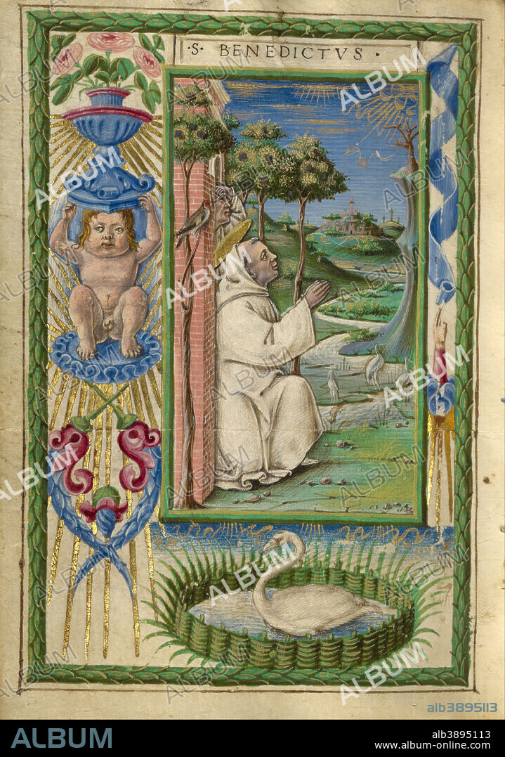 TADDEO CRIVELLI. Saint Benedict in Prayer. Date/Period: Ca. 1469. Folio. Tempera colors, gold paint, gold leaf, and ink on parchment. Height: 108 mm (4.25 in); Width: 79 mm (3.11 in).