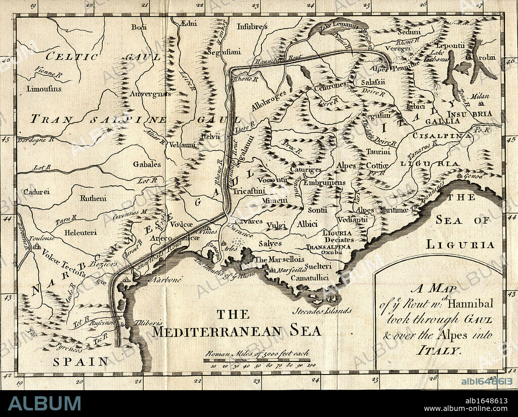 A map of the route Hannibal took through Gaul and over the Alps into Italy.