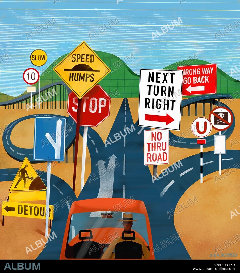 Man in car with confusing road signs and complex directions.