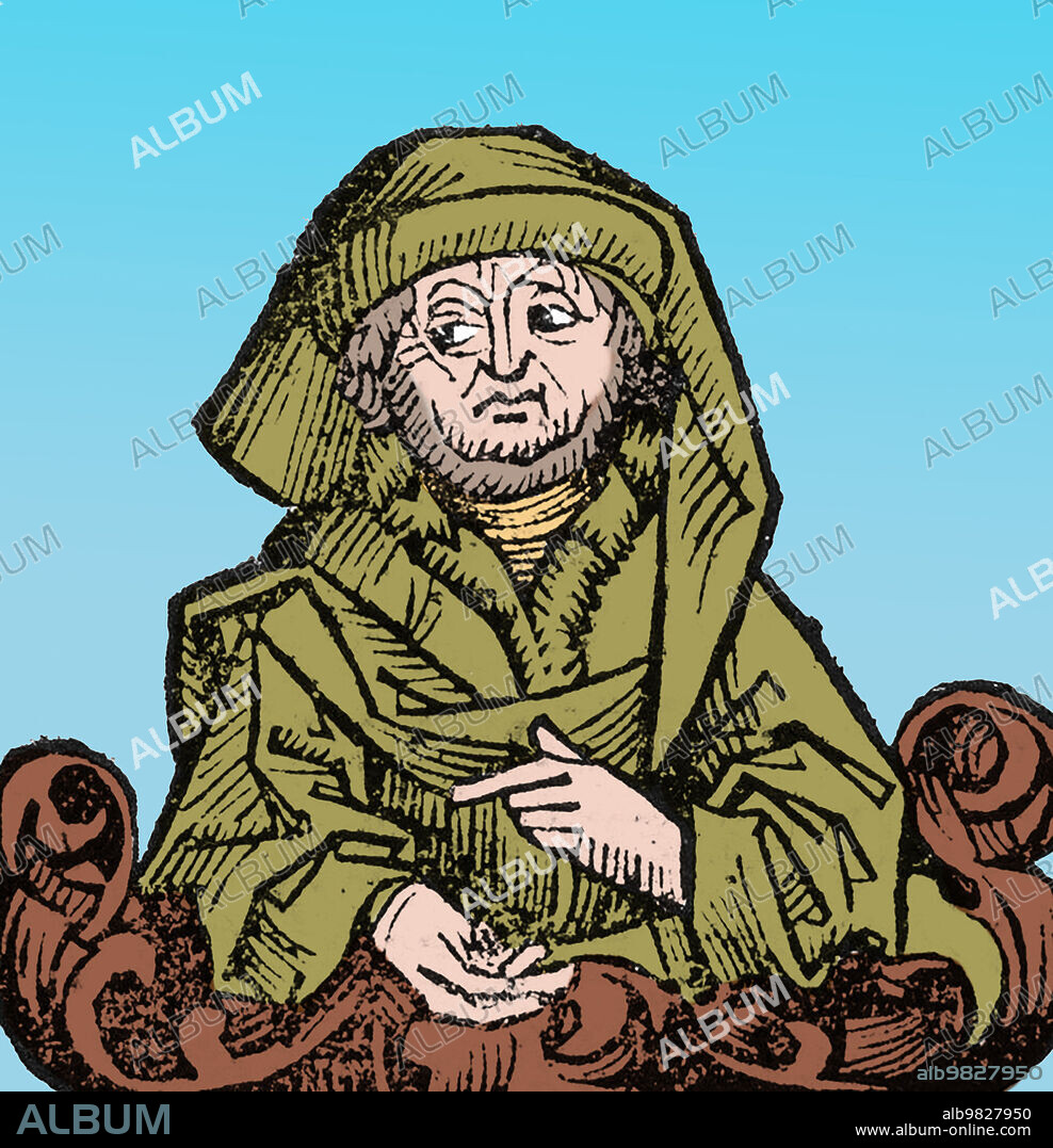 Anaximenes of Miletus (c.586 - c.526 BC) was an Ancient Greek, Pre-Socratic philosopher, active in the 6th century BC. Woodcut from Liber Chronicarum (Nuremberg Chronicle) by Hartmann Schedel, 1493. Colorized.