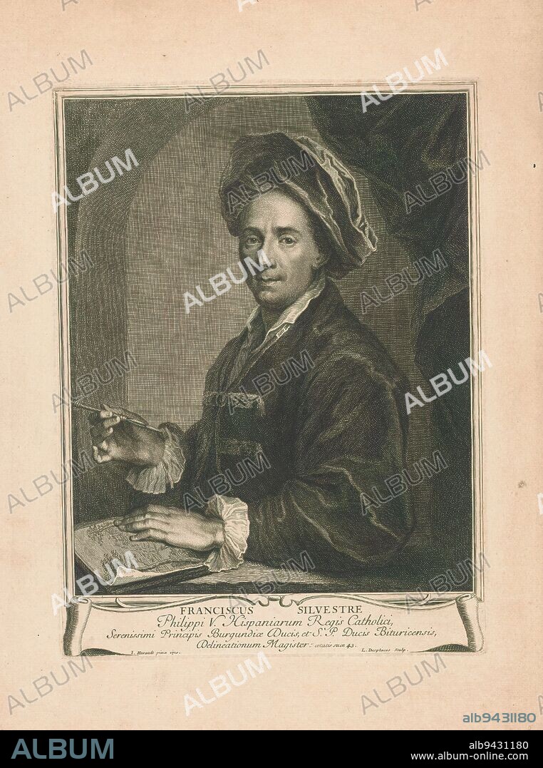 Portrait of Charles François Silvestre, Francis Silvestre (title on object), Portrait of the French artist Charles François Silvestre wearing a beret on his head. In his right hand he holds a chalk holder; his left hand rests on a drawing., print maker: Louis Desplaces, (mentioned on object), after painting by: Jacques Hérault, Paris, 1710 - 1739, paper, etching, engraving, height 324 mm × width 241 mm.