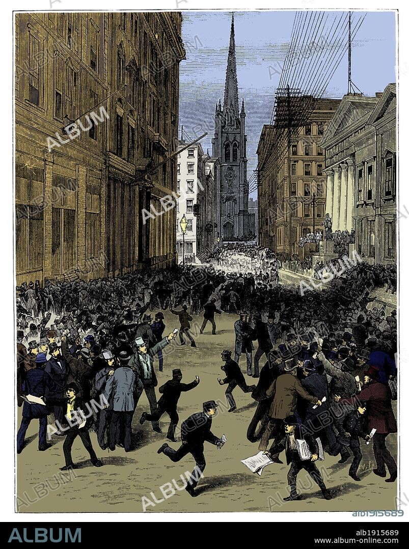 Nueva York. La crisis financiera. Aspecto de Wall Street en los momentos de pánico. 14 Mayo de 1884.