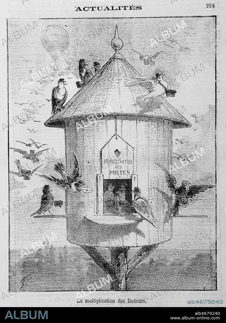 'La multiplication des facteurs'. Des pigeons porteurs de lettres s'accumulent autour d'un pigeonnier. Caricature publiee dans Le Charivari du 4 novembre 1870. Credit : Collection Grob/KHARBINE-TAPABOR.