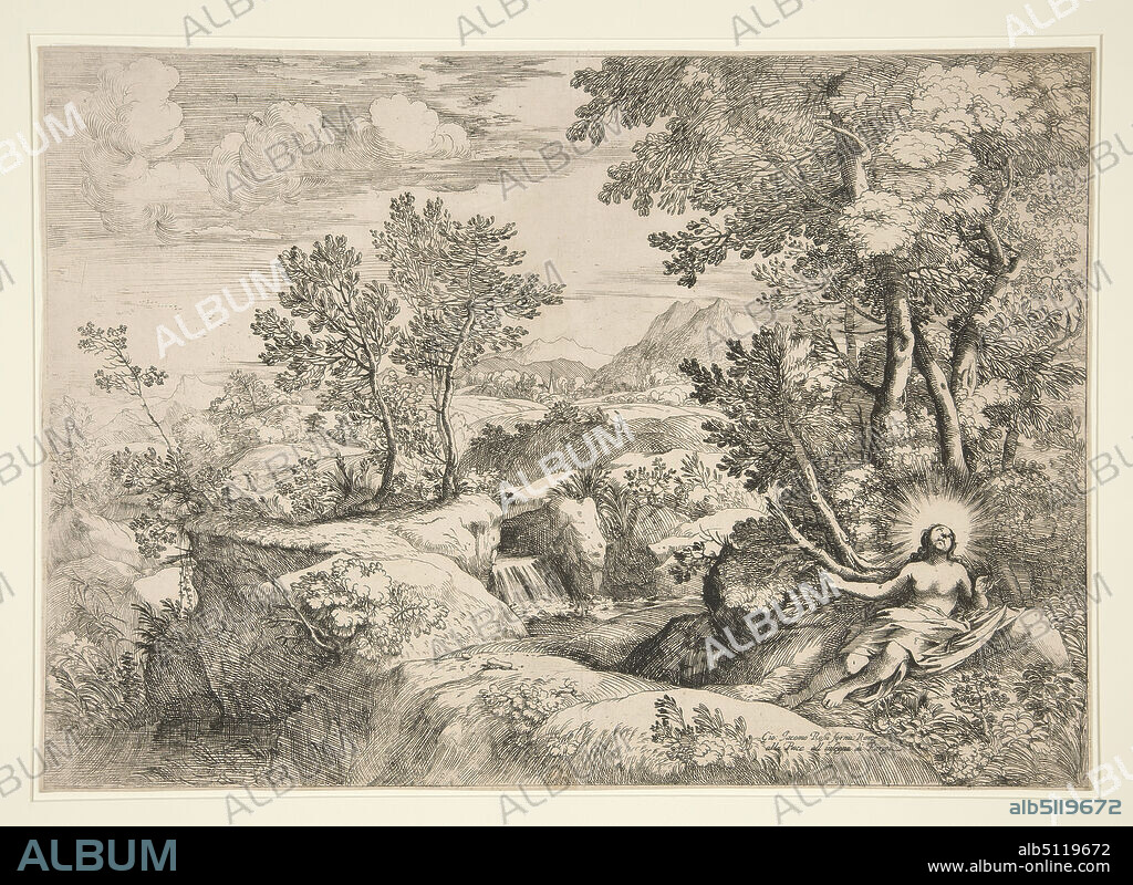 Artist: Giovanni Francesco Grimaldi, Italian, 16061680, Mary Magdalene in a Landscape, Etching, sheet: 27 × 38.1 cm (10 5/8 × 15 in.), Italian, 17th century, Works on Paper - Prints.