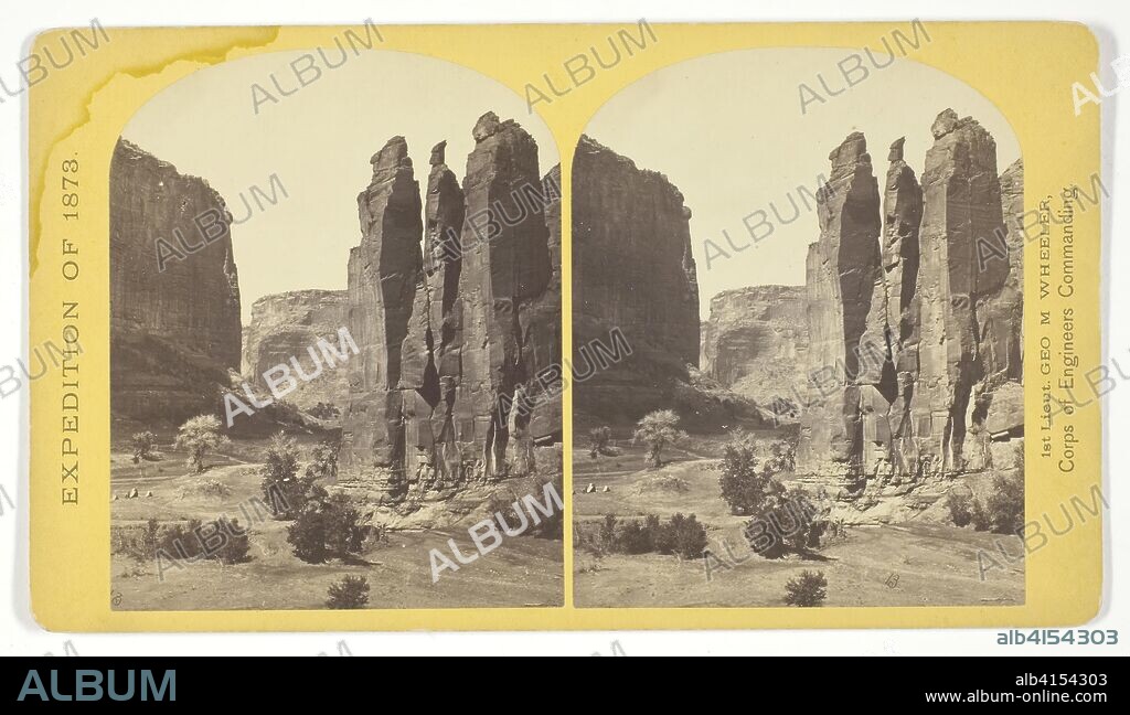 Camp Beauty, Canñon de Chelle; walls 1.200 feet high, width of Cañon at this point about one fourth of a mile. This view shows the perpendicular effect wrought by the action of floods. The Artist of the Expedition, Mr. Wyant, of New York, made a study of this scene with the intention to paint it as a characteristic Canon view. Timothy O'Sullivan (American, born Ireland, 1840-1882); commissioned by George Wheeler for the War Department, Corps of Engineers, U.S. Army. Date: 1873. Dimensions: 9.2 x 7.4 cm (each image); 10 x 17.7 cm (card). Albumen print, stereo, No. 25 from the series "Geographical Explorations and Surveys West of the 100th Meridian". Origin: United States.