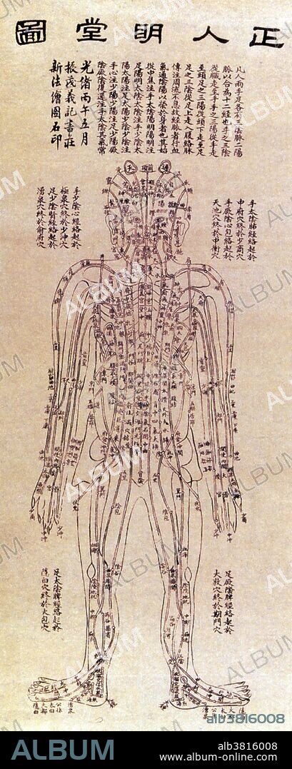Acupuncture charts printed by Imperial decree in 1906 from old blocks. Anterior view, showing the jingluo (meridians and collaterals) of the human body. Acupuncture is a form of alternative medicine in which thin needles are inserted into the body. It is a key component of traditional Chinese medicine (TCM). TCM theory and practice are not based upon scientific knowledge, and acupuncture is a pseudoscience. There are a diverse range of acupuncture theories based on different philosophies, and techniques vary depending on the country. Scientific investigation has not found any histological or physiological evidence for traditional Chinese concepts such as qi, meridians, and acupuncture points, and many modern practitioners no longer support the existence of life force energy (qi) flowing through meridians, which was a major part of early belief systems. Acupuncture is believed to have originated around 100 BC in China, around the time The Yellow Emperor's Classic of Internal Medicine (Huangdi Neijing) was published, though some experts suggest it could have been practiced earlier.