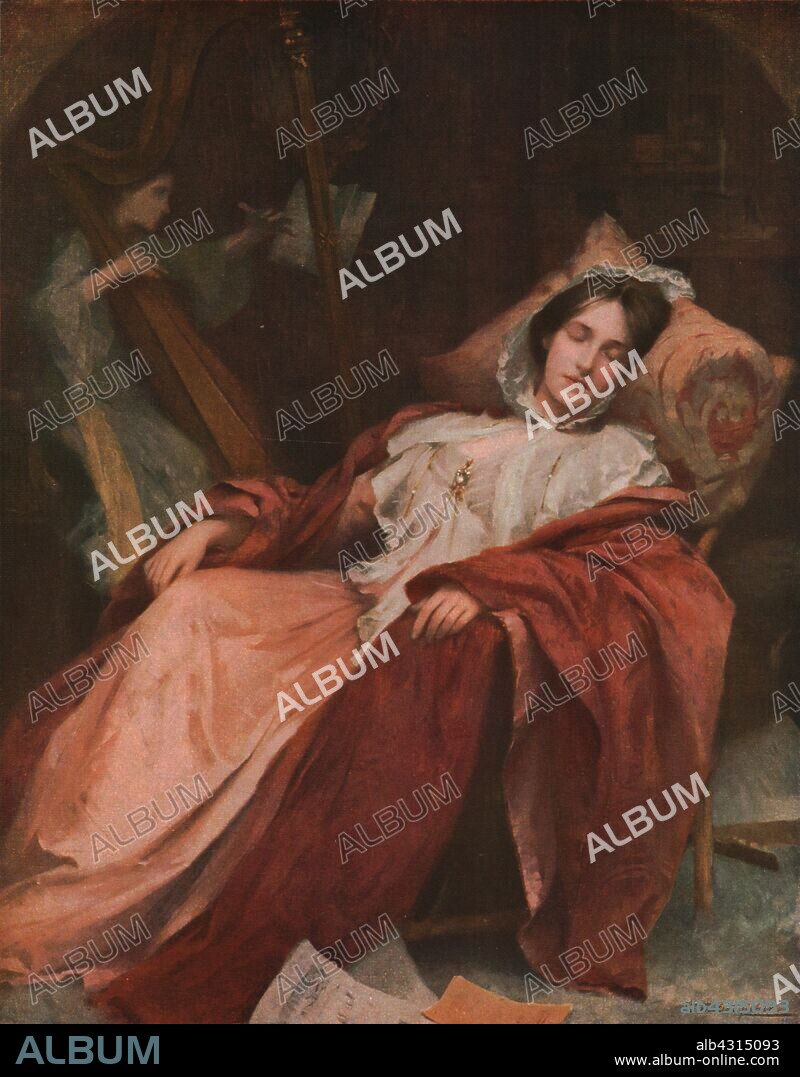 SAMUEL MELTON FISHER. 'Dreams', late 19th century, (c1930). Sleeping woman, with a harp player in the background. Painting, also known as 'E dolce dormire', (It is Sweet to Sleep), in the Gallery Oldham, Greater Manchester. From "Modern Masterpieces of British Art". [The Amalgamated Press Ltd., London, c1930].
