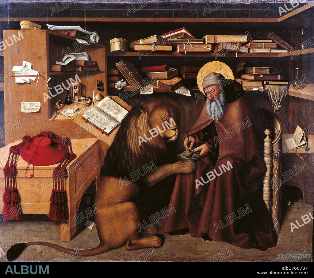St Jerome in the studio, by Colantonio, 1445 about, 15th Century, oil on panel, cm 125 x 151. Italy, Campania, Naples, Capodimonte National Museum and Galleries. All. St Jerome Hieronymus lion study halo aureole shelves books papers chair hat. Authorization required for non editorial use.