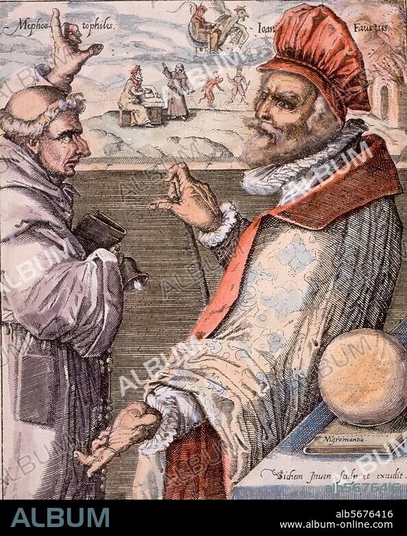 zu: Faust, Johann; Schwarzkünstler, Sagengestalt nach Vorbild des Georg Faust (um 1480 - 1536/39). "Faust und Mephistopheles". Kupferstich von Christoph van Sichem. (um 1546 - 1624); spätere Kolorierung. Aus einer Folge von drei Darstellungen zur Faustsage.