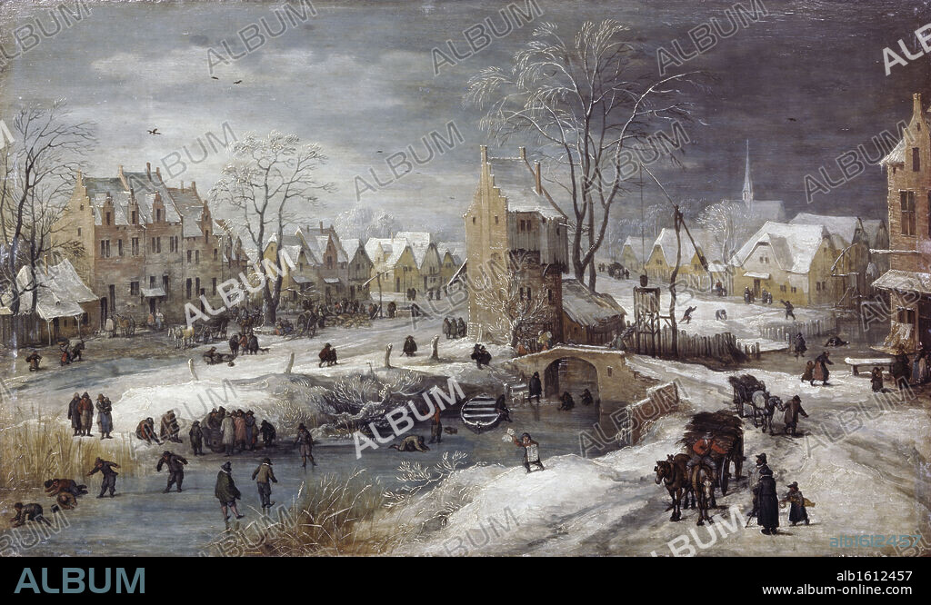 MOMPER, JOOS DE, THE YOUNGER. A Village In Winter   Joos de Momper the younger (1564-1635 Flemish)  Oil On Board.