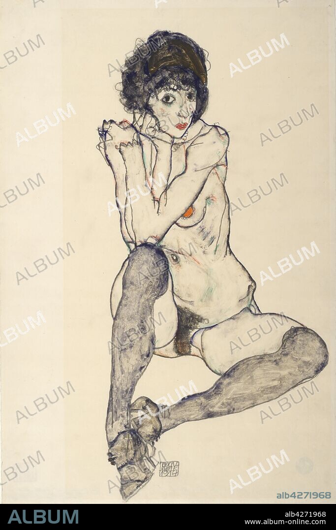 EGON SCHIELE. Seated Female Nude, Elbows Resting on Right Knee.