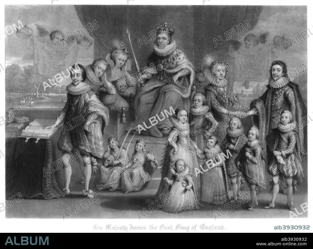 The family of King James I of England, Scotland and Ireland, (1816). 'His Majesty James I, King of England and his royal progeny, together with the family of the King of Bohemia'. James (1566-1625) became King of Scotland in 1567 and England in 1601. The son of Mary Queen of Scots, James VI of Scotland became the first of the Stuart monarchs on the English throne when Elizabeth I died in 1601. His son Charles succeeded him as king in 1625. James' daughter Elizabeth married Frederick V, Elector Palatine, who briefly was King of Bohemia in 1619-1620 (the 'Winter King'). A print from Fifteen Splendid Portraits of Royal Personages, engraved in mezzotinto by Richard Earlom, Charles Turner and R Dunkarton, printed by J McCreery, Black Horse Court, Fleet Street, London, 1816.