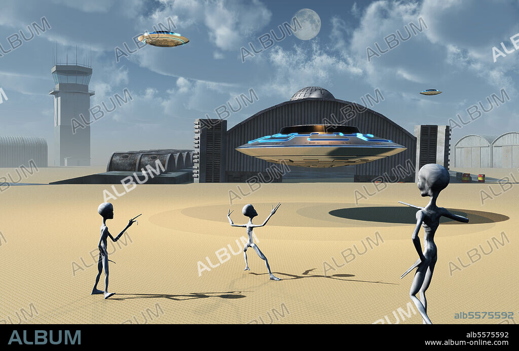 Grey Aliens and their flying saucers at Area 51, a top secret base in Nevada, USA.