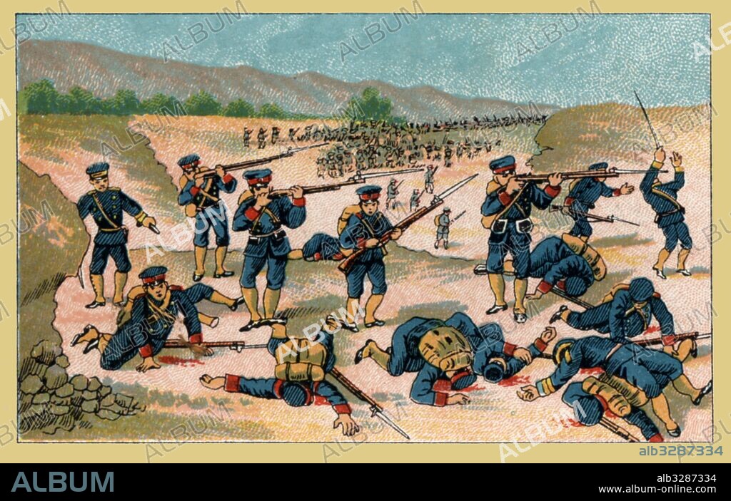 Guerra Ruso-Japonesa (1904-1905). Avanzadas japonesas atacando un flanco del ejército ruso siendo rechazadas. Cromo de Chocolates Luciano Cunill. Año 1905.