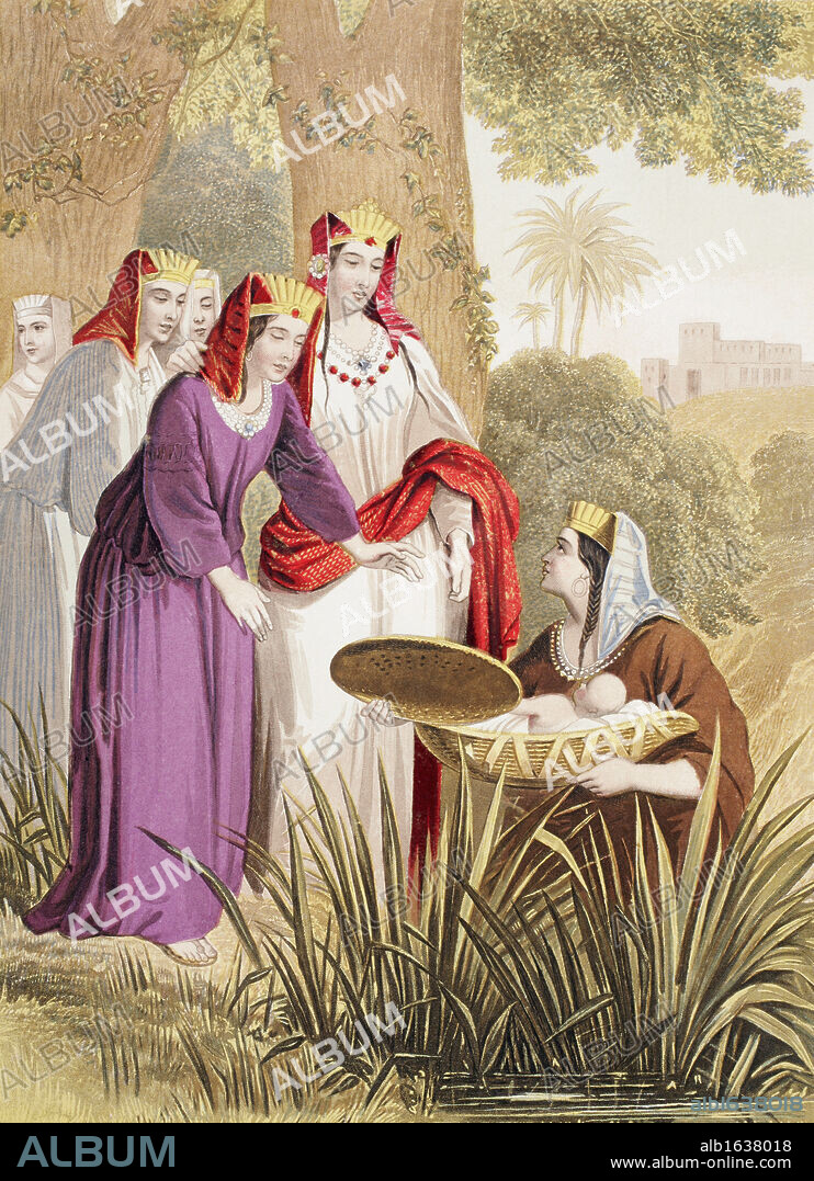 The infant Moses is found in the bulrushes on the river bank by the Pharaoh's daughter. From The Holy Bible published by William Collins, Sons, & Company in 1869. Chromolithograph by J.M. Kronheim & Co.